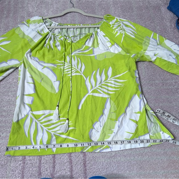 Maria & Kyndals Chartreuse Lavender White Leaf Print Blouse Tassels Tropical Med - Picture 9 of 11